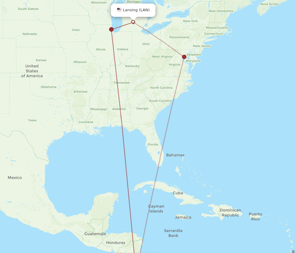 LAN to SJO flights and routes map