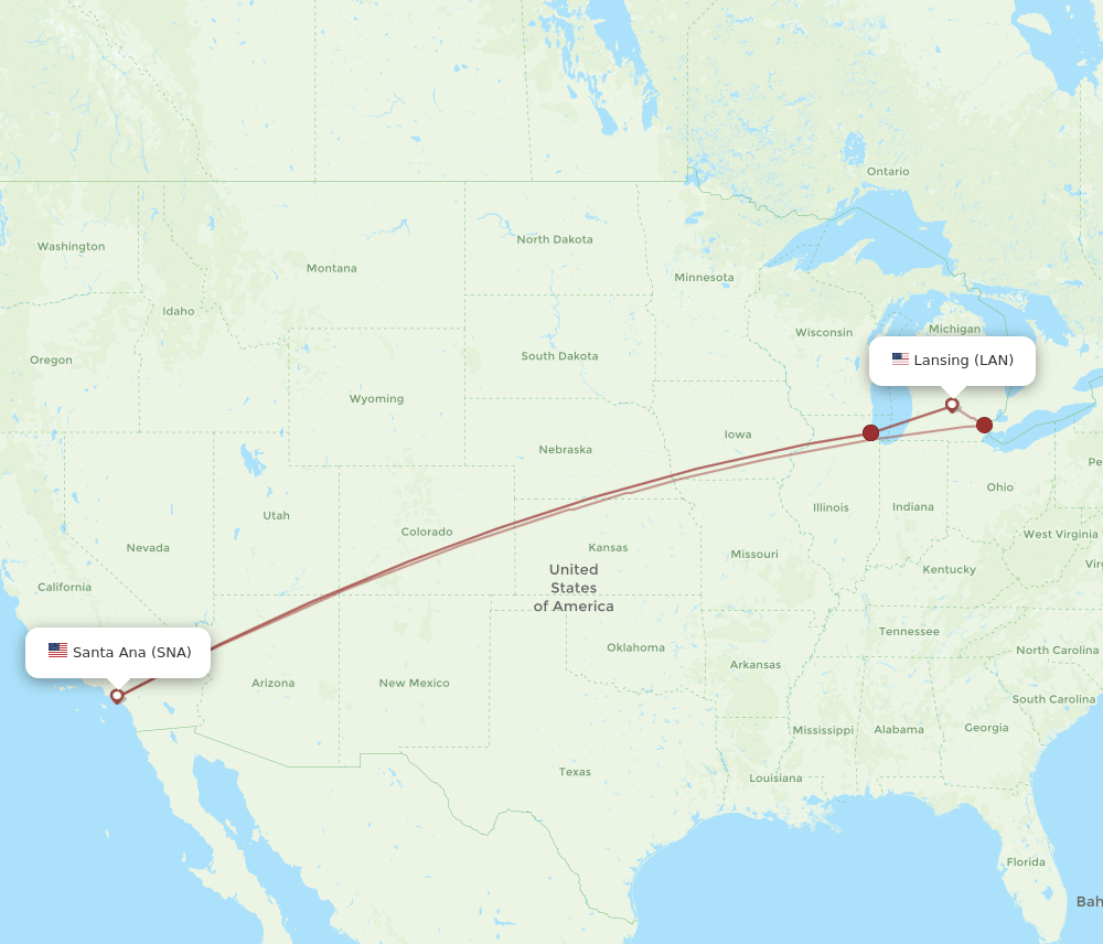 LAN to SNA flights and routes map