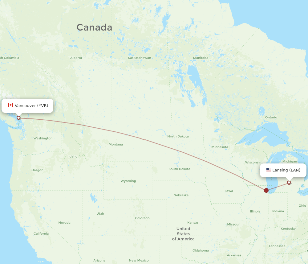 Vancouver - Lansing route map and flight paths