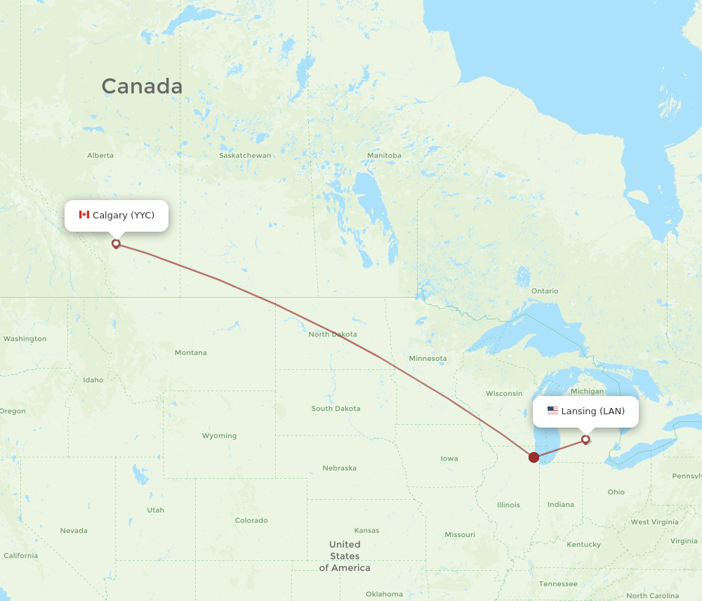 Calgary - Lansing route map and flight paths
