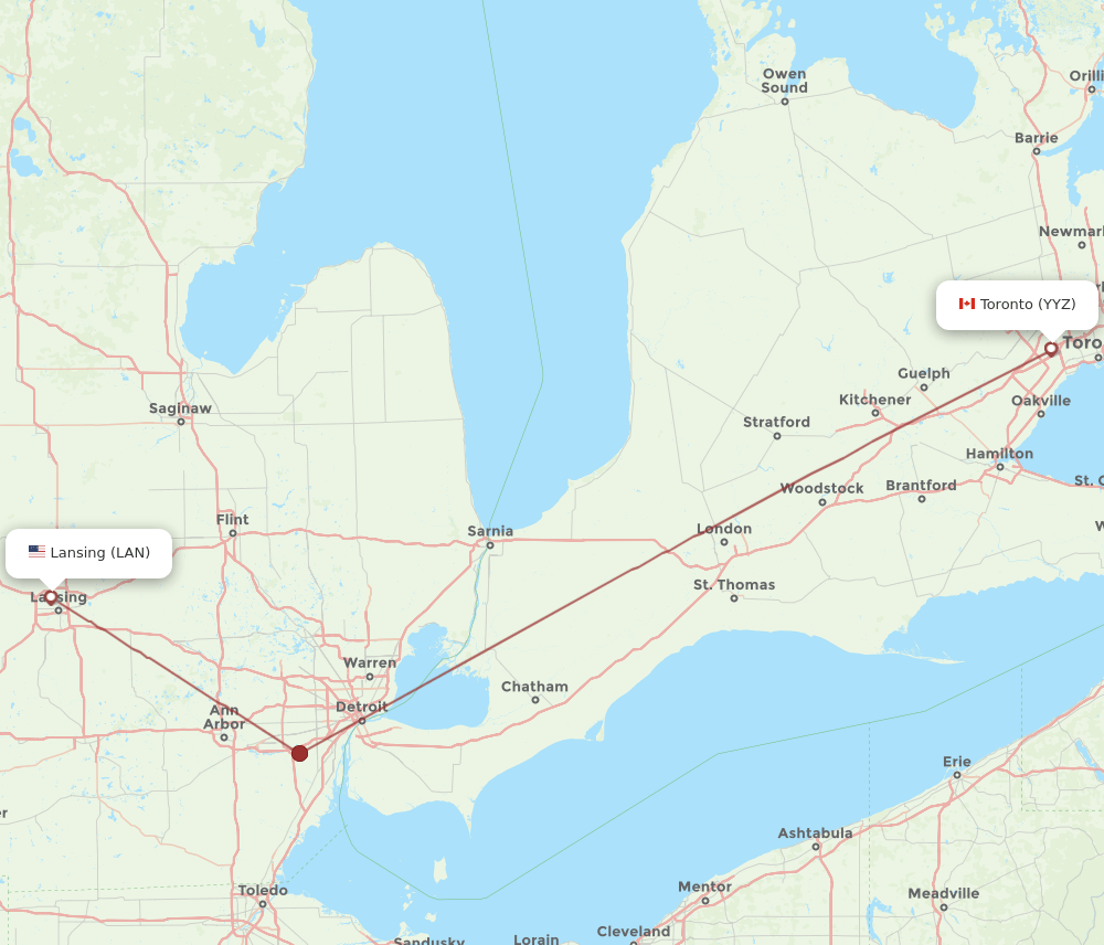 Toronto - Lansing route map and flight paths