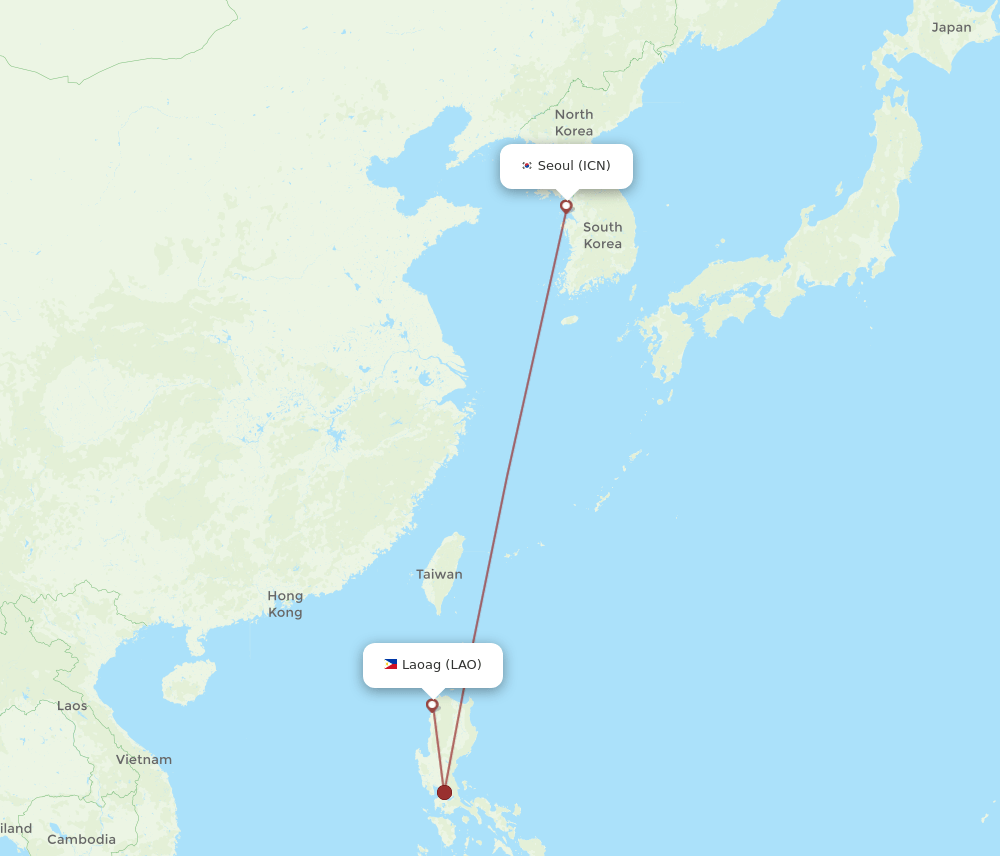 Seoul - Laoag route map and flight paths