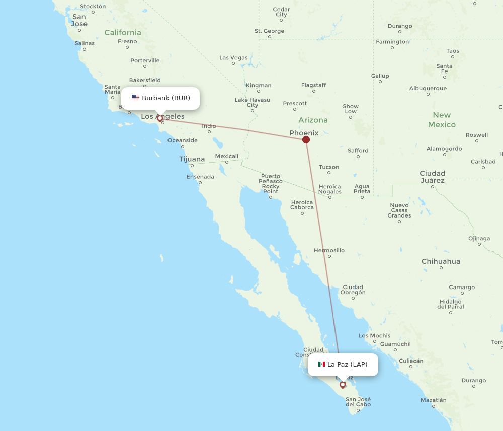 Burbank - La Paz route map and flight paths