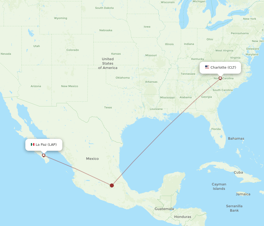 La Paz - Charlotte route map and flight paths