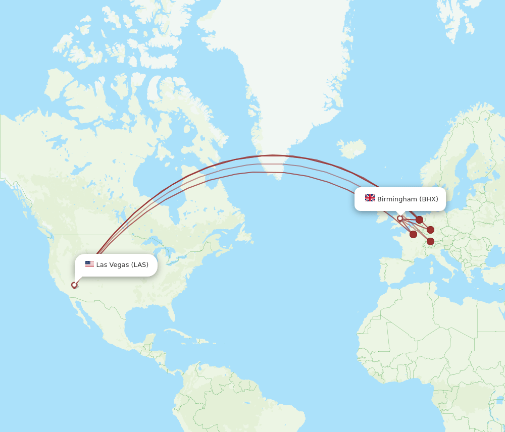 LAS to BHX flights and routes map