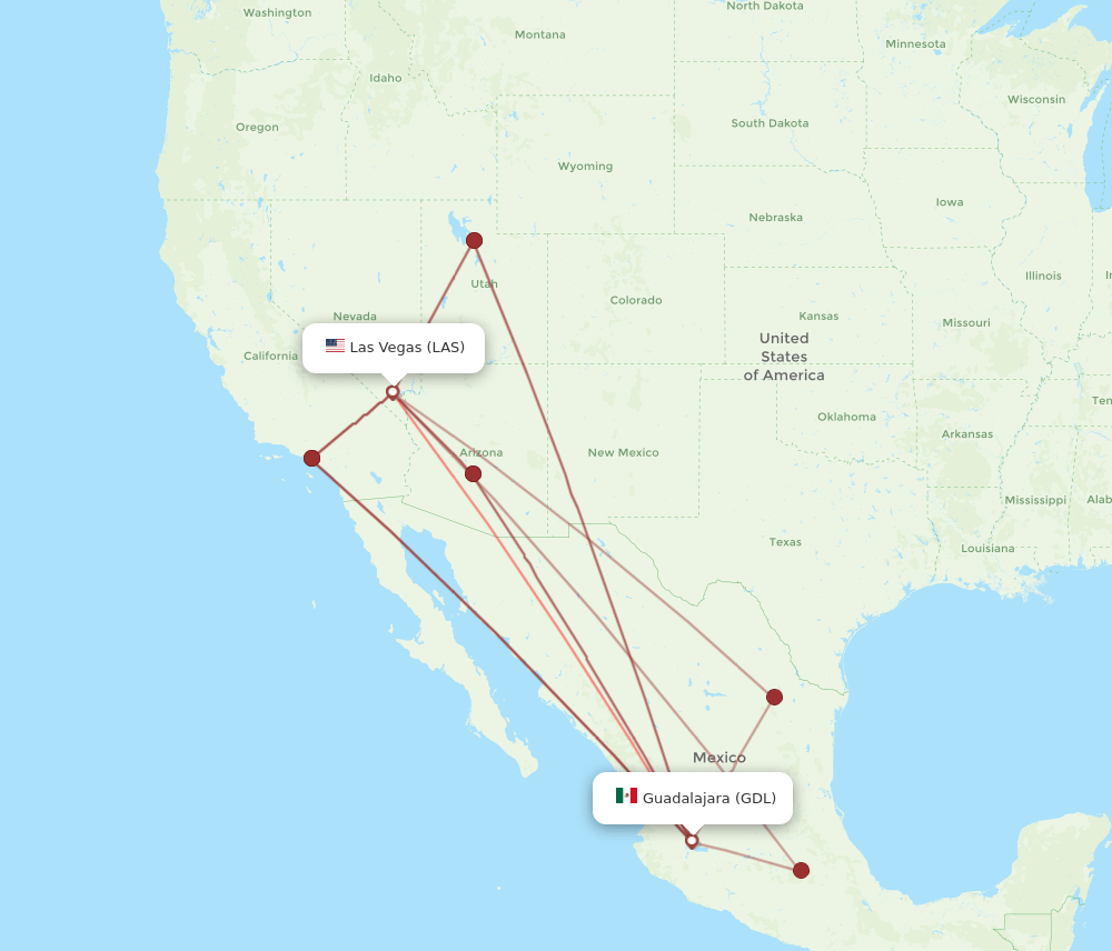 LAS to GDL flights and routes map