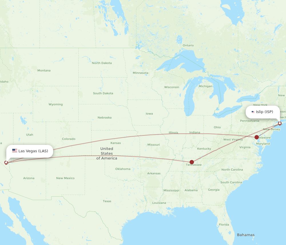LAS to ISP flights and routes map