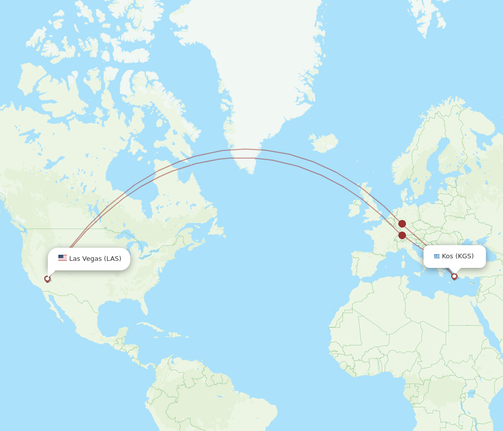 Kos - Las Vegas route map and flight paths