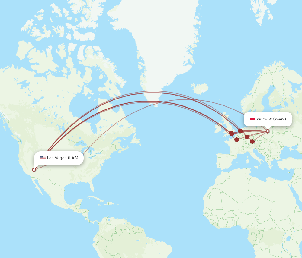 LAS to WAW flights and routes map