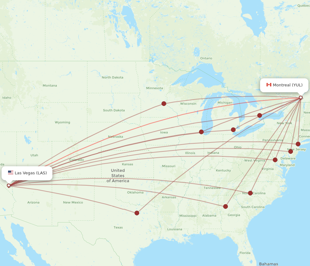 LAS to YUL flights and routes map