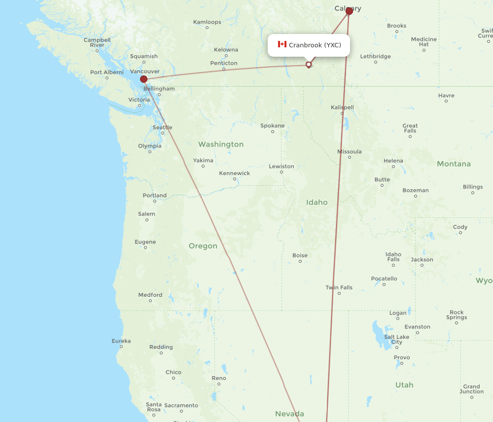 Cranbrook - Las Vegas route map and flight paths