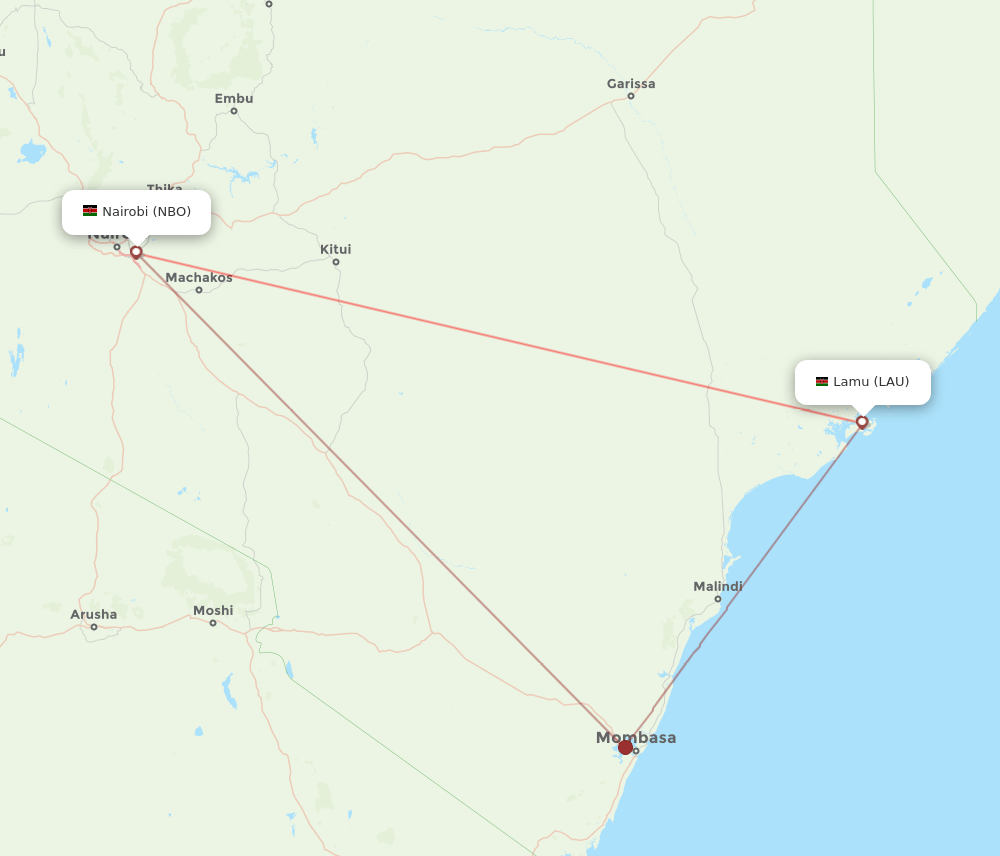 Lamu - Nairobi route map and flight paths