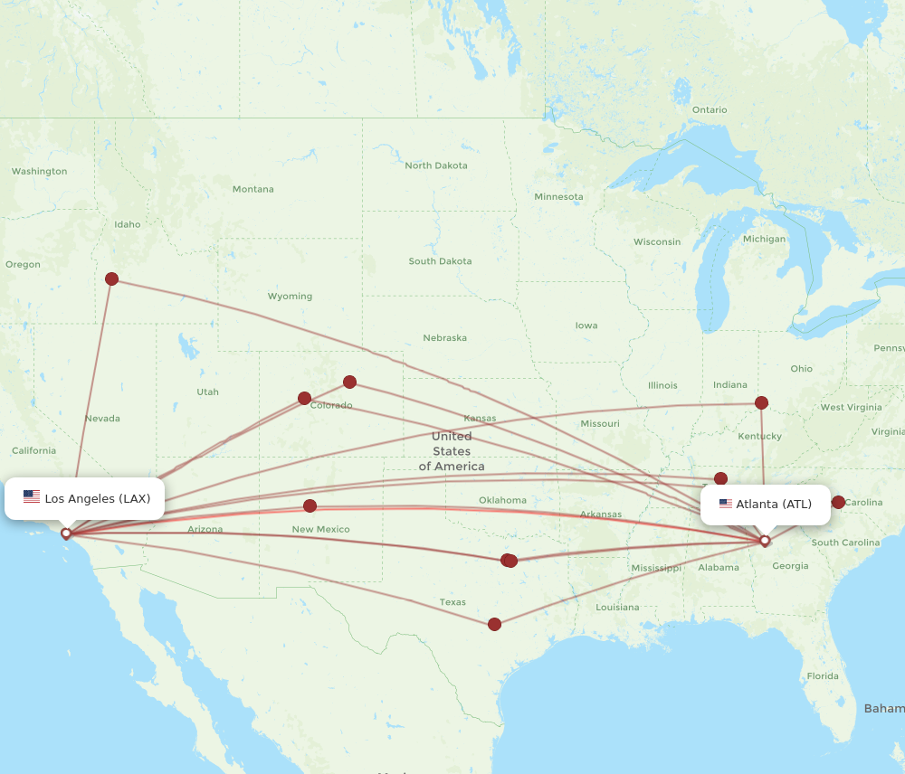 Los Angeles - Atlanta route map and flight paths