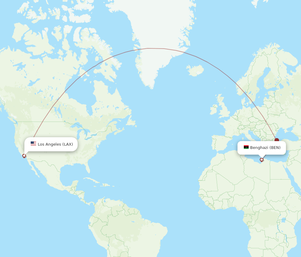 Benghazi - Los Angeles route map and flight paths