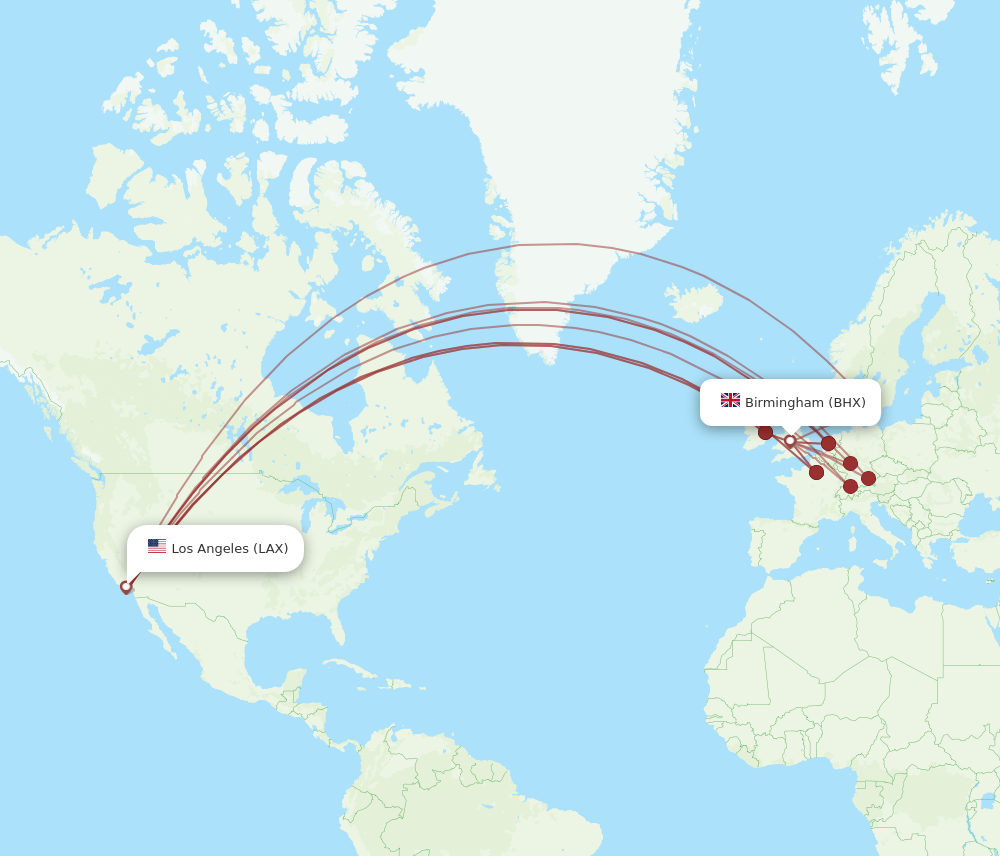 LAX to BHX flights and routes map