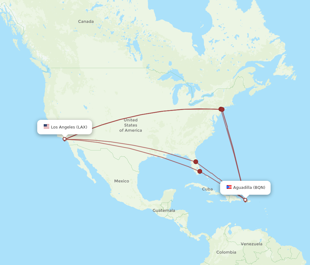 LAX to BQN flights and routes map