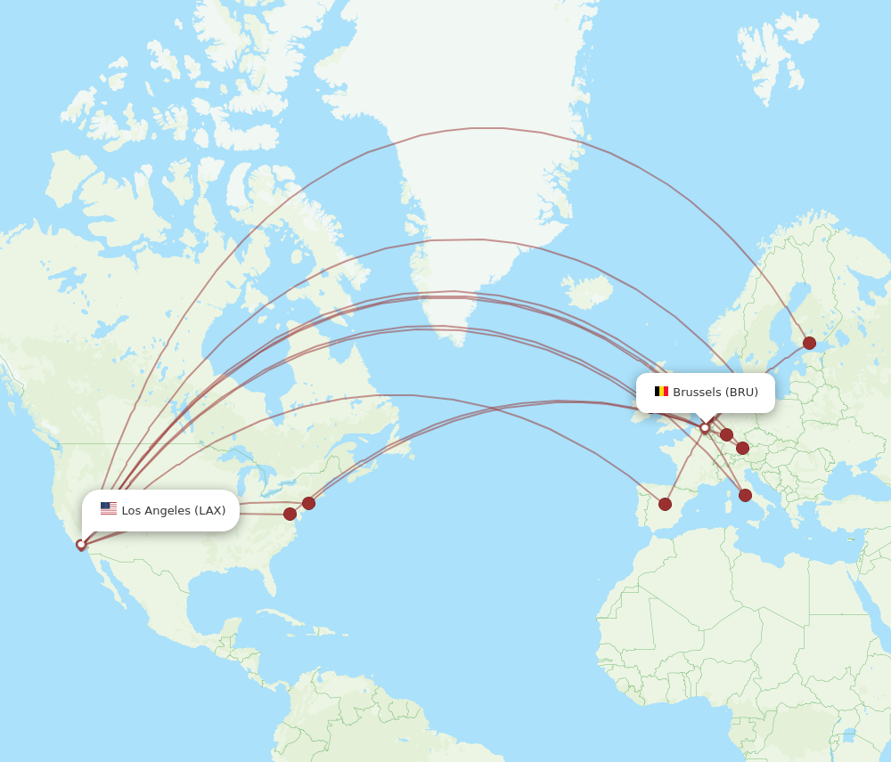 LAX to BRU flights and routes map
