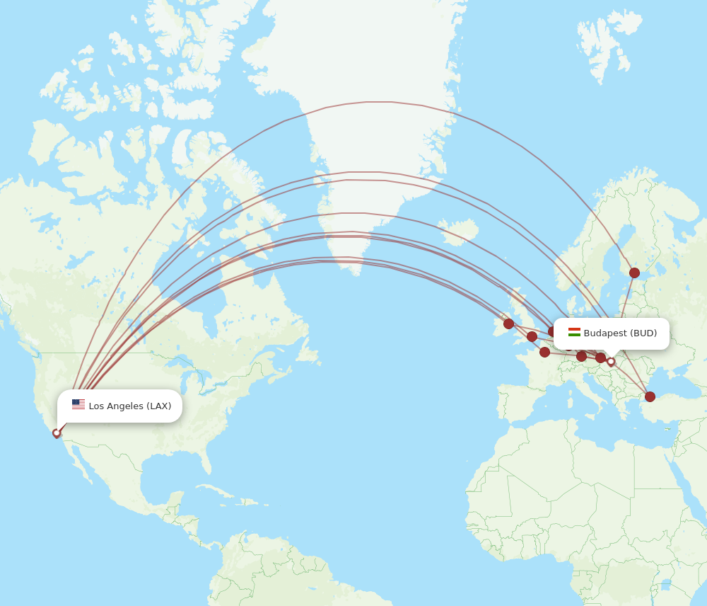 LAX to BUD flights and routes map