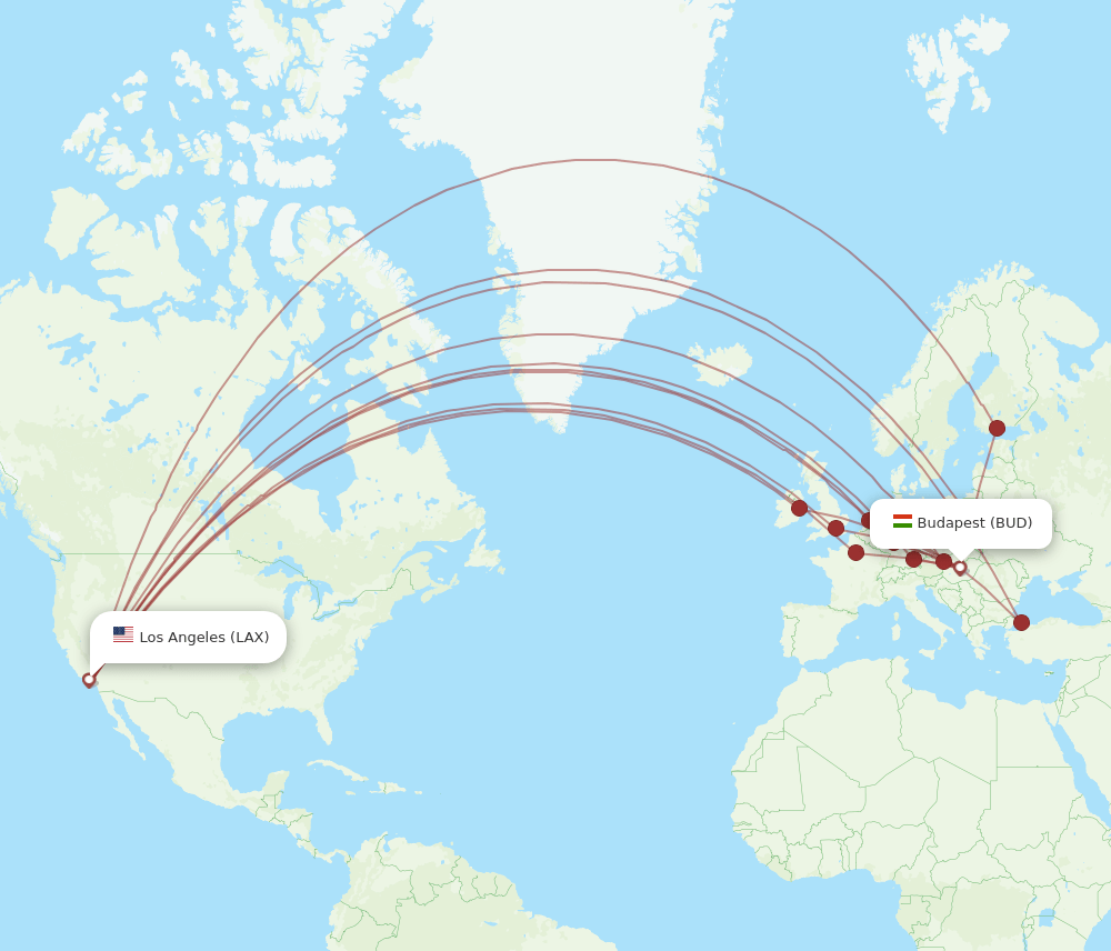 LAX to BUD flights and routes map