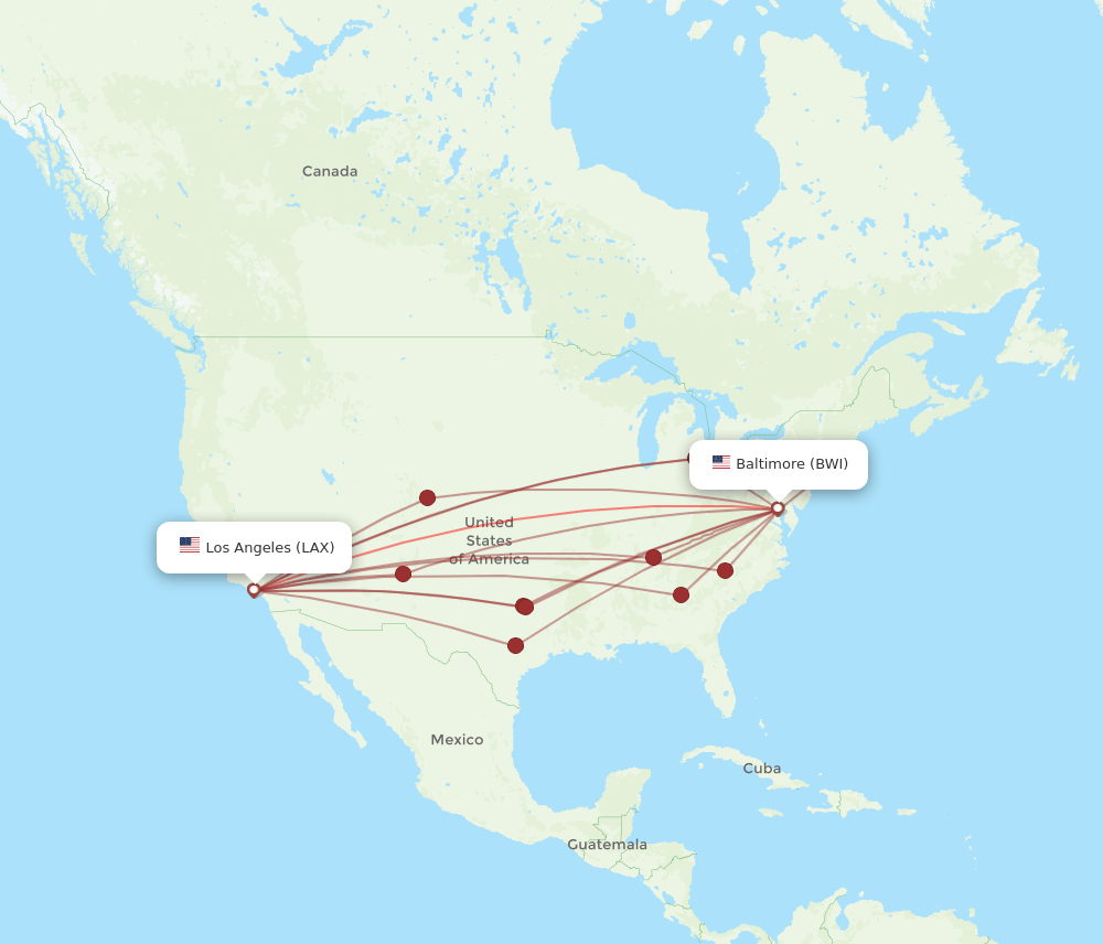 LAX to BWI flights and routes map