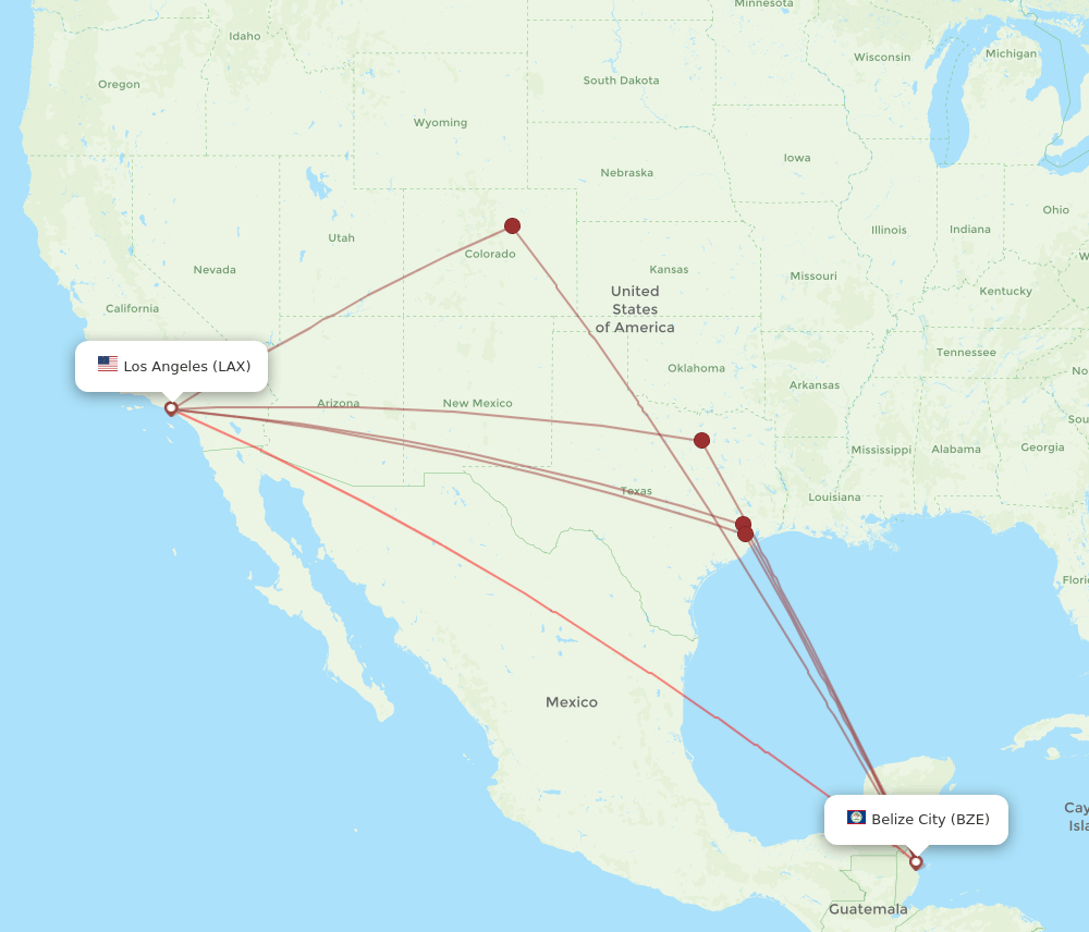 LAX to BZE flights and routes map