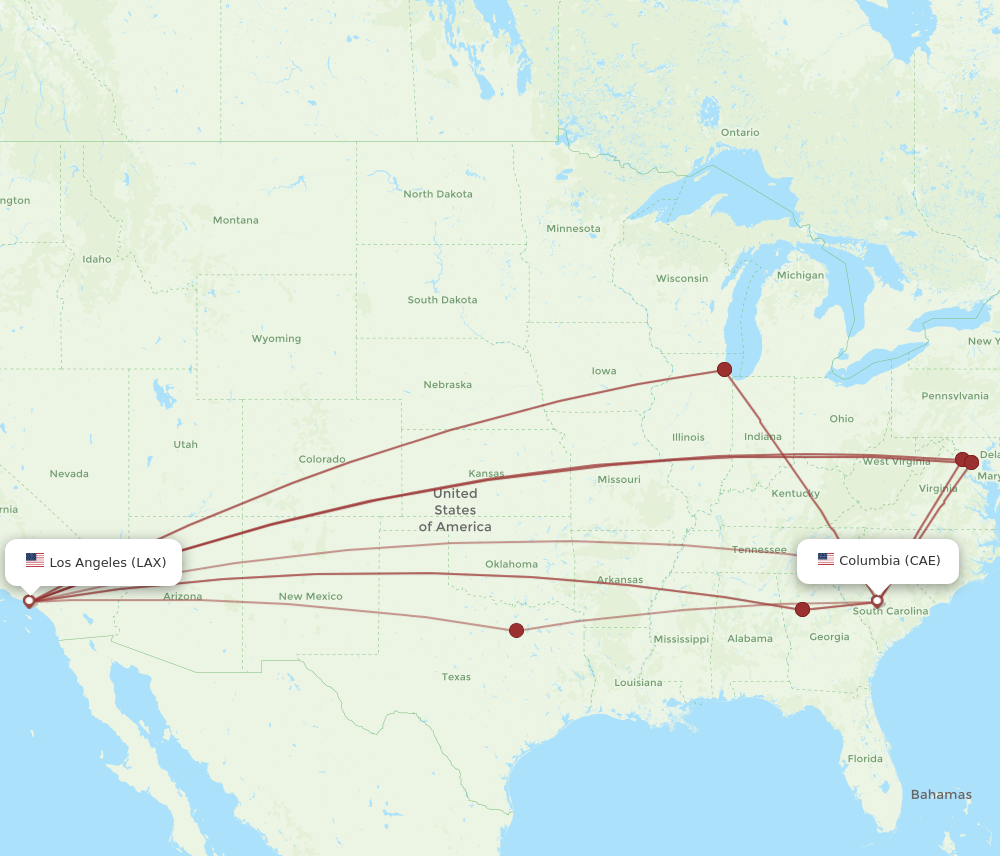 LAX to CAE flights and routes map
