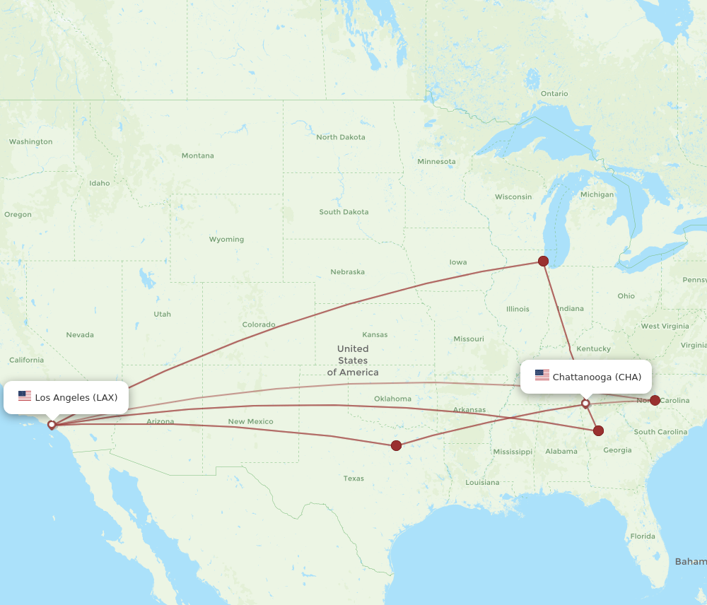 LAX to CHA flights and routes map