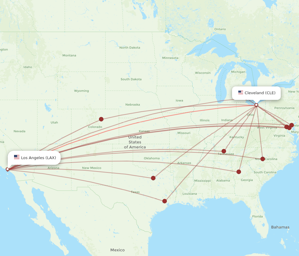 LAX to CLE flights and routes map