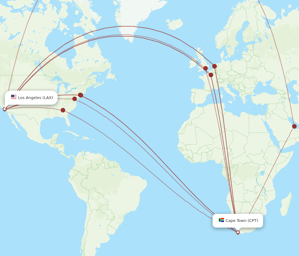 LAX to CPT flights and routes map