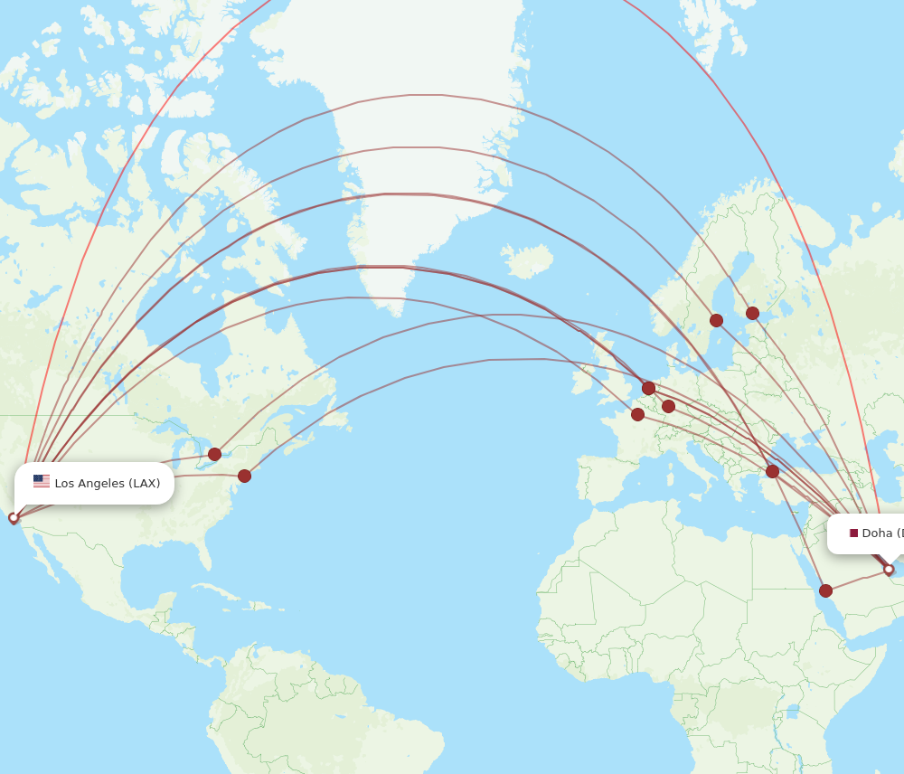 LAX to DOH flights and routes map