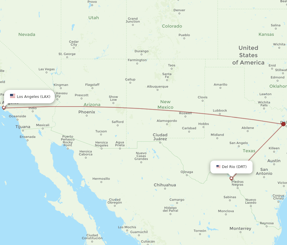 Los Angeles - Del Rio route map and flight paths