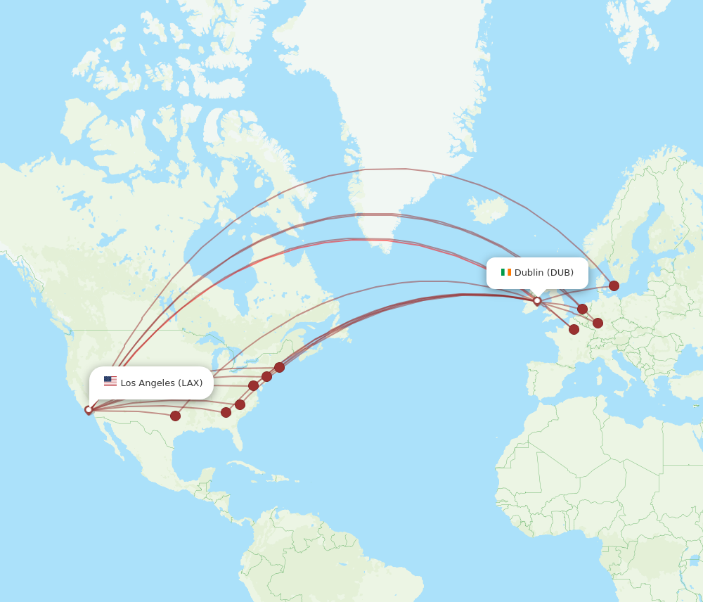 LAX to DUB flights and routes map
