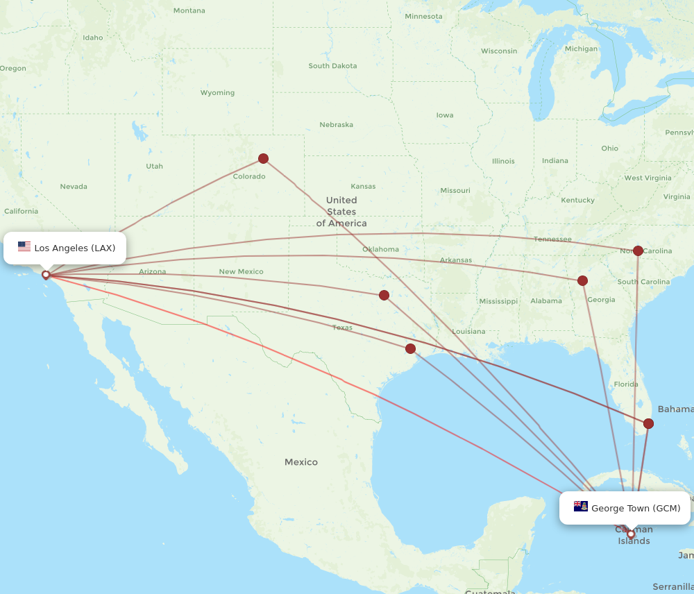LAX to GCM flights and routes map