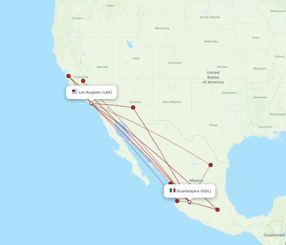 LAX to GDL flights and routes map