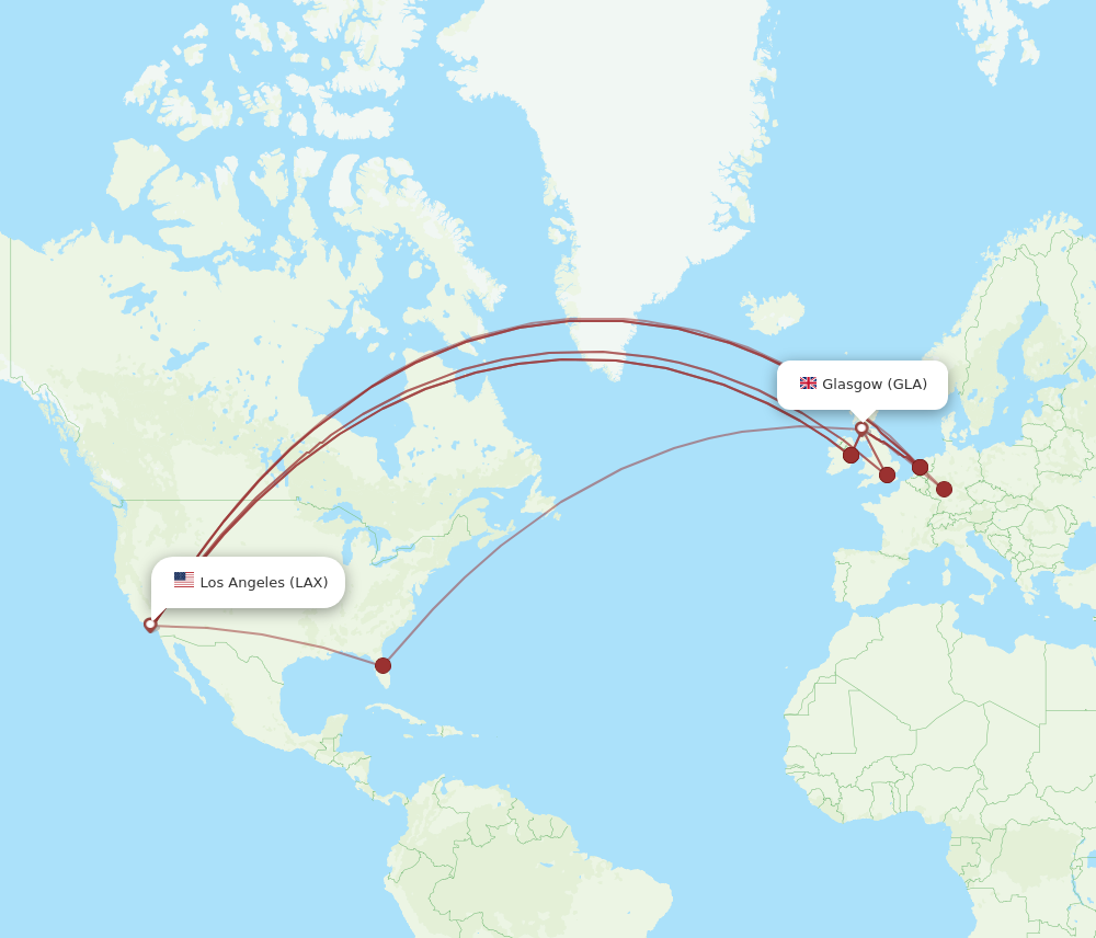 LAX to GLA flights and routes map