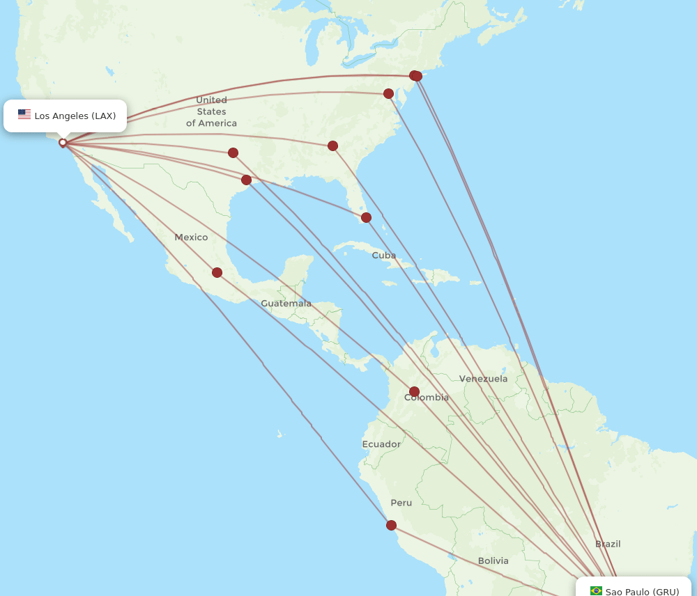 LAX to GRU flights and routes map
