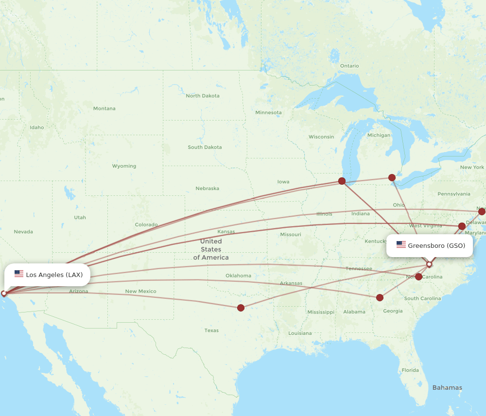 LAX to GSO flights and routes map