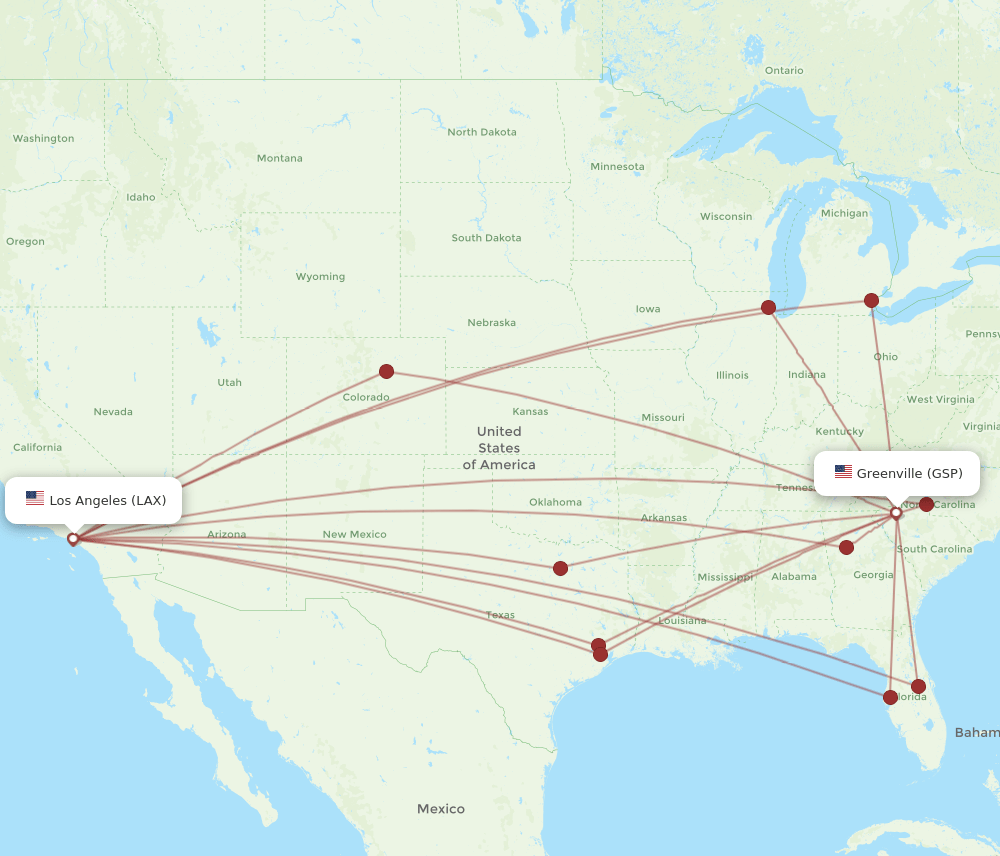 LAX to GSP flights and routes map
