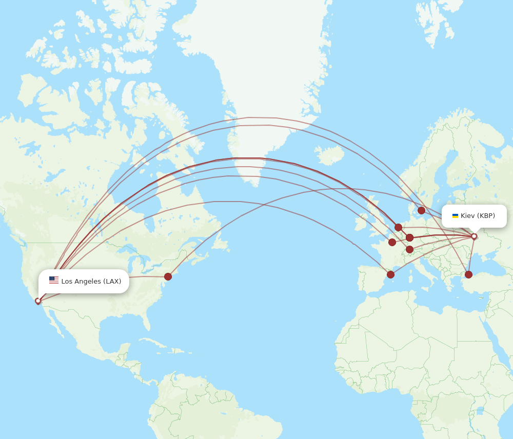 Los Angeles - Kiev/Kyiv route map and flight paths
