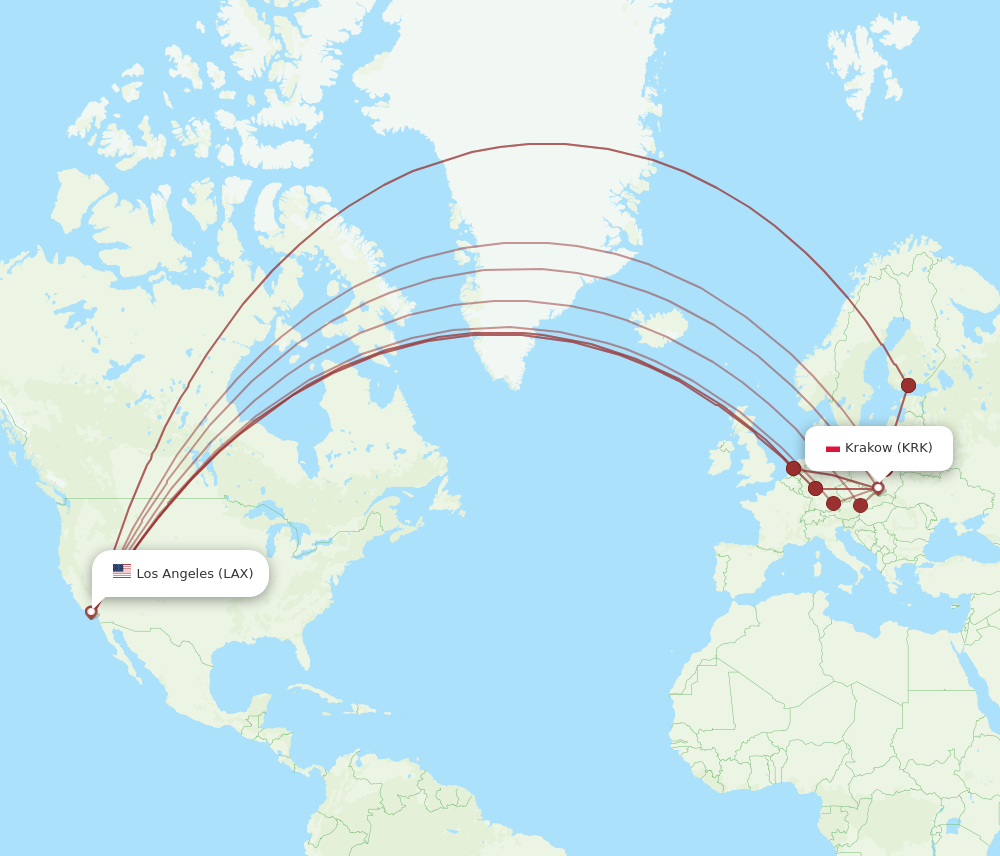 LAX to KRK flights and routes map
