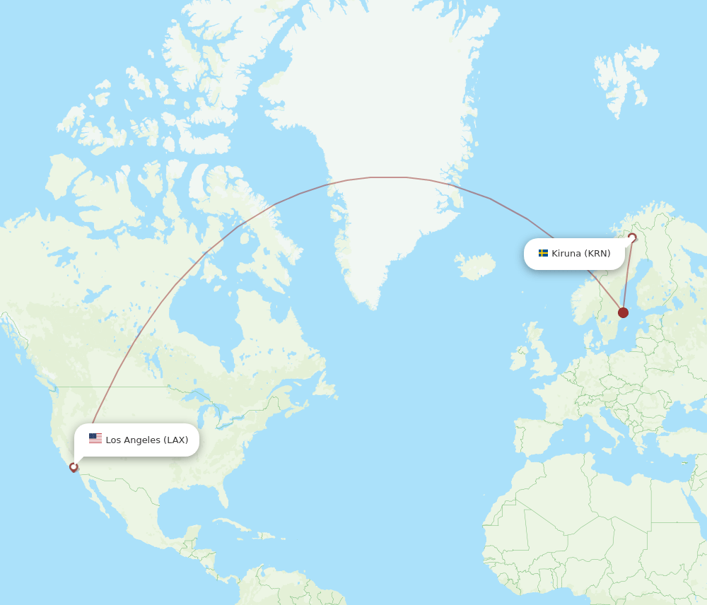 Kiruna - Los Angeles route map and flight paths