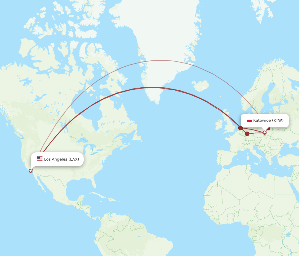 LAX-KTW flight routes