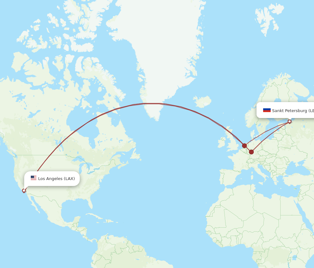 Los Angeles - Saint Petersburg route map and flight paths