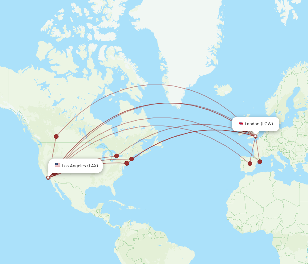 LAX to LGW flights and routes map