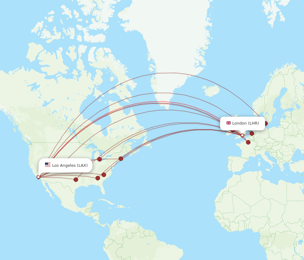 LAX to LHR flights and routes map