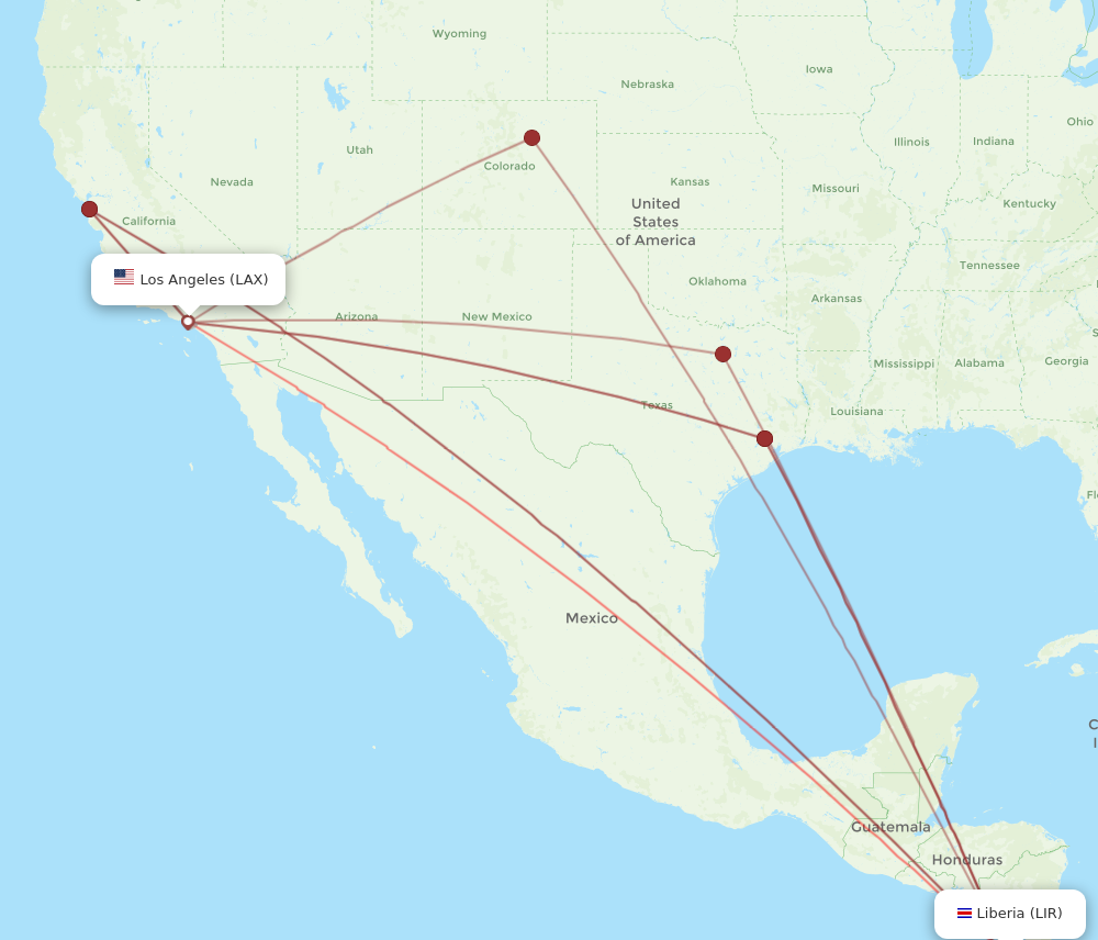 LAX to LIR flights and routes map