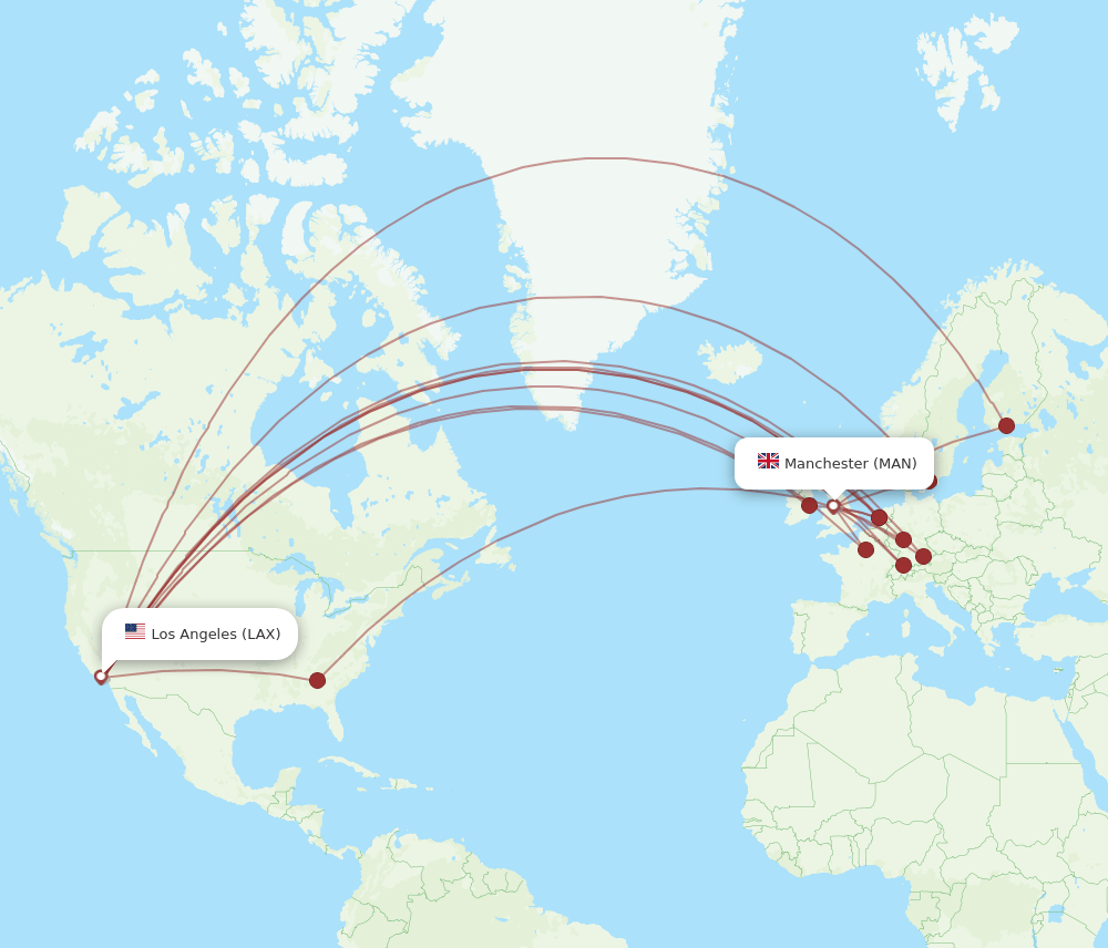 LAX to MAN flights and routes map