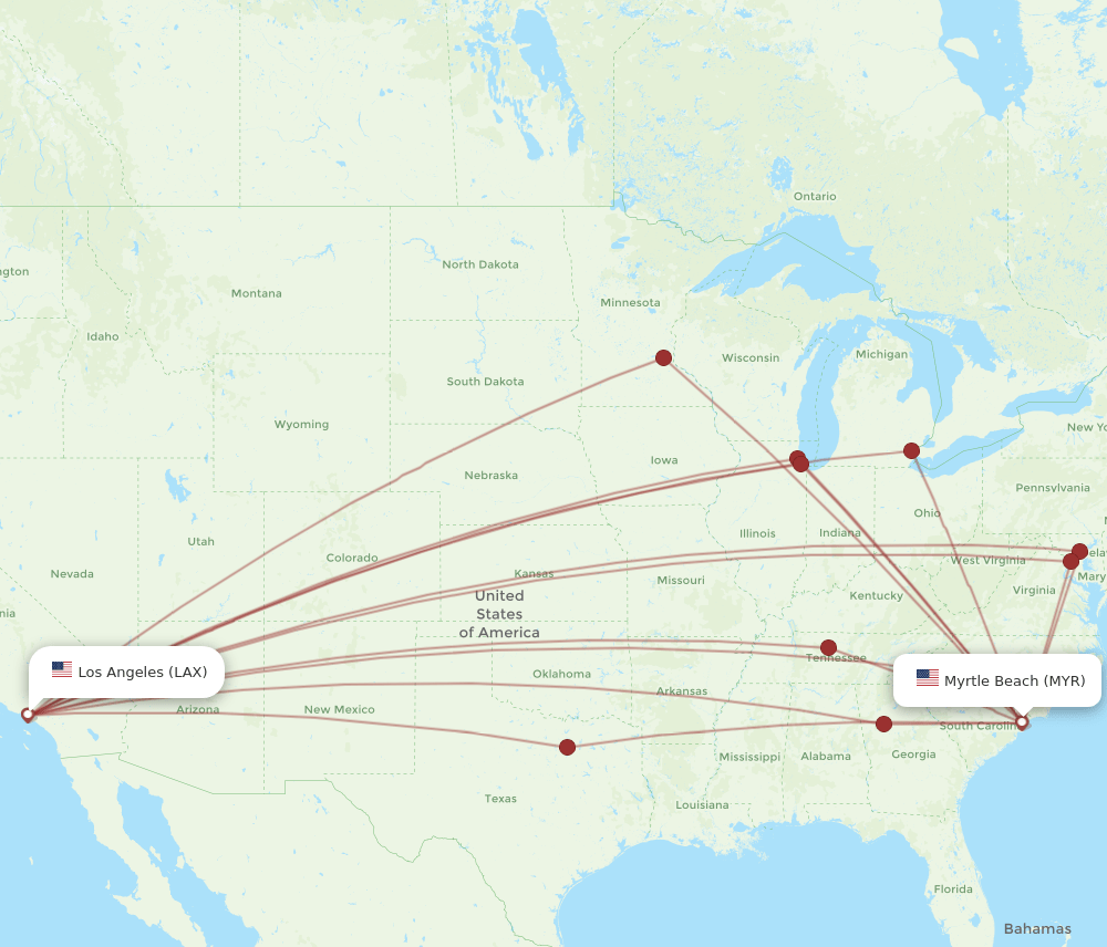 LAX to MYR flights and routes map