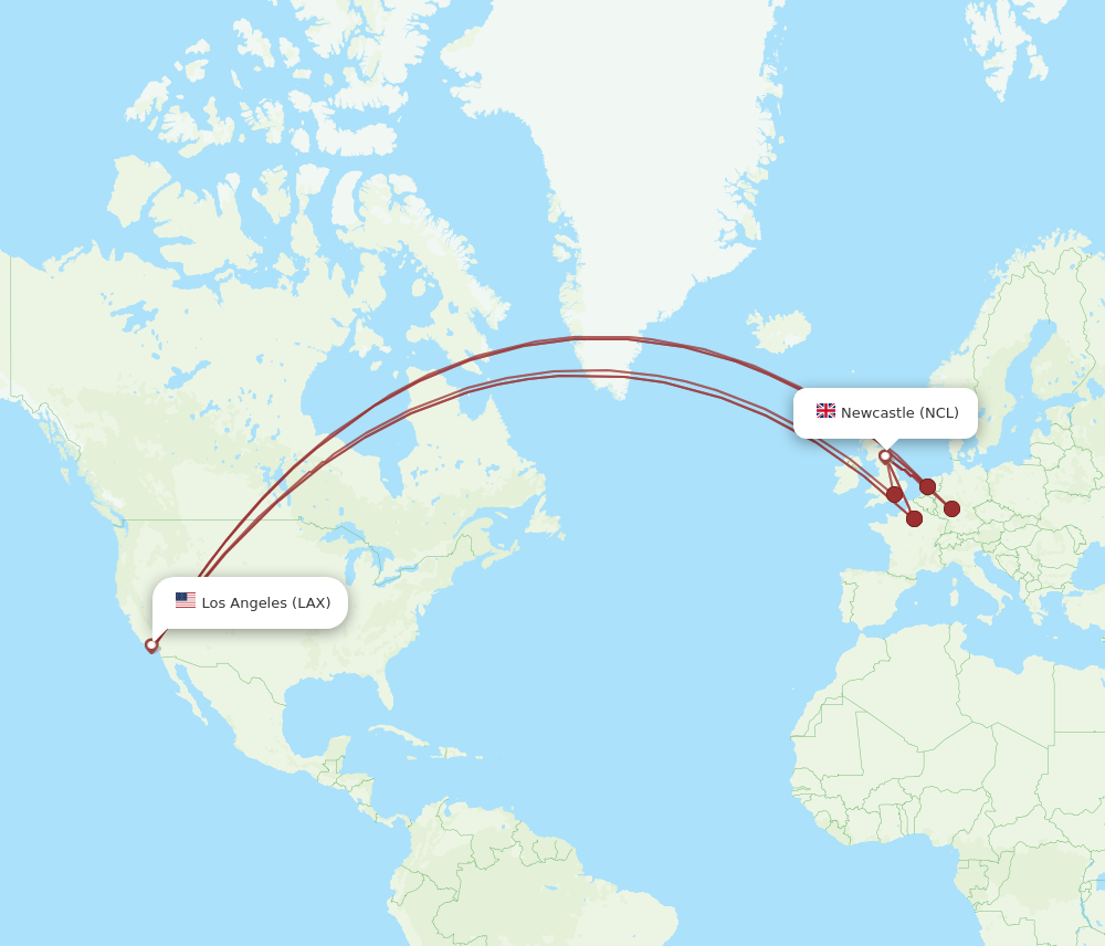 LAX to NCL flights and routes map