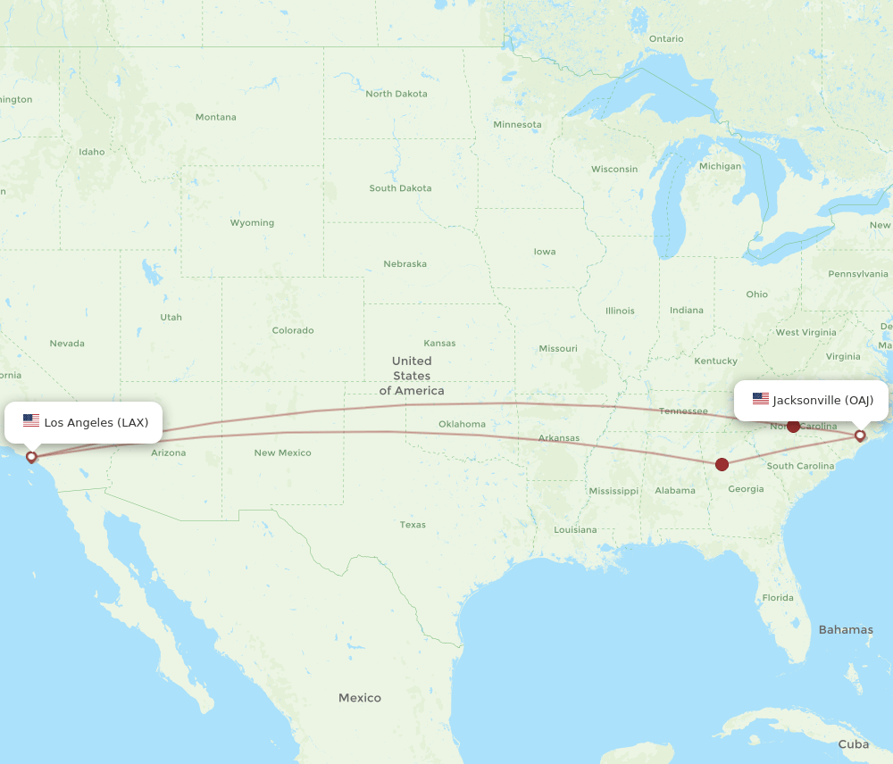LAX to OAJ flights and routes map